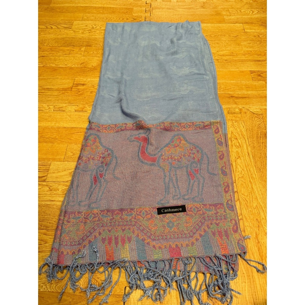 Cashmere Pashmina Scarf Light Blue Camel Motif Woven Fringe Wrap Shawl